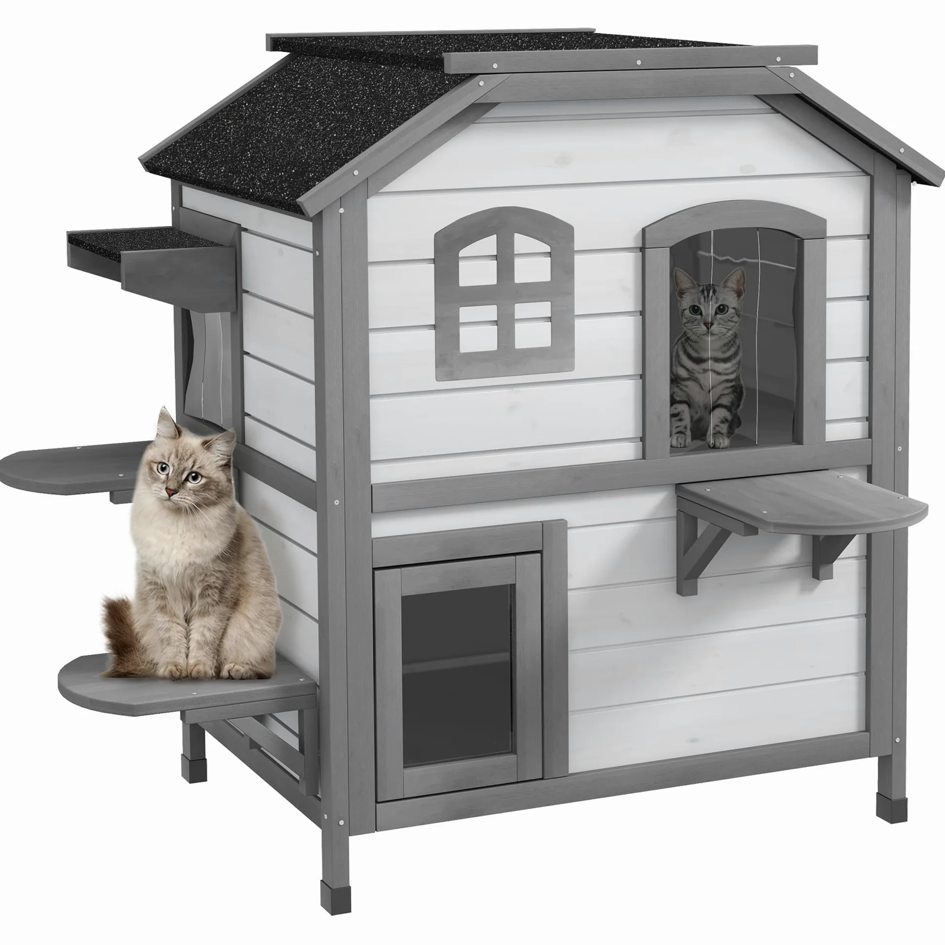 PawHut Casa para gatos de madera de 2 niveles, resistente al invierno, impermeable, con techo de asfalto, tapa plegable, escalera, cueva para gatos, exterior, jardín, balcón, 78 x 55,5 x 91 cm, color | Impermeable, caseta para gatos con techo de asfalto,