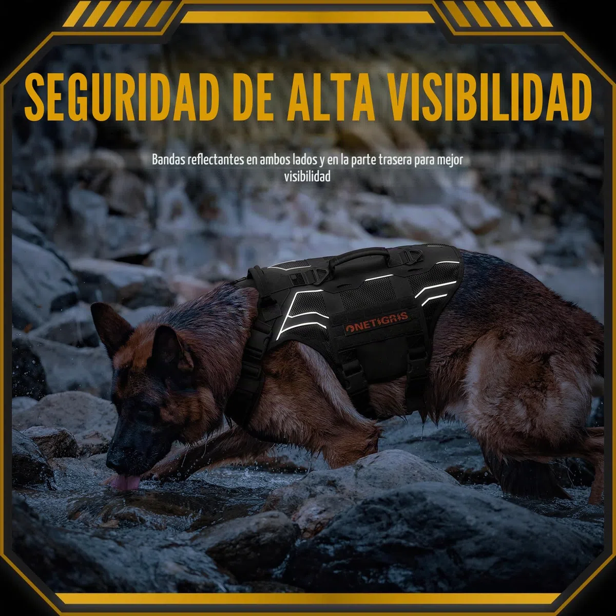 OneTigris Arnés Pecho Antitirones Perros, Aire Armor Mesh Arnés Perro Reflectante Ajustable, Táctica Arnes Perro Grande Mediano, con 2 Asas y 3 Anillos, con Sistema Molle - Negro L