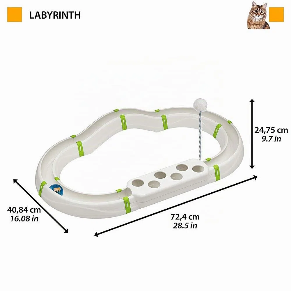 Ferplast Juguete Interactivo para Gatos Labyrinth Circuito Juguete para Gatos con Resorte, Bola Luminosa incluida, 72 x 40 cm