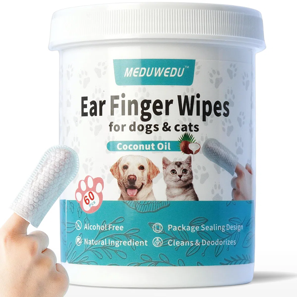 MEDUWEDU Toallitas limpiadoras de oídos, 60 unidades, limpiador de orejas de perro, kit de aseo para perros y gatos, almohadillas de limpieza ótica suaves y fáciles, eliminan la cera, la suciedad y