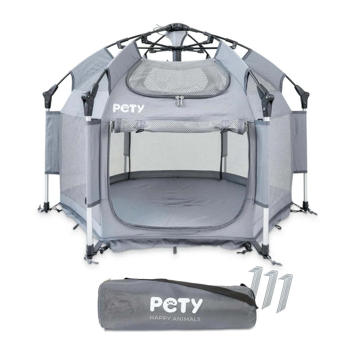 PETY Parque para Perros - 110 x 80 cm Tienda Móvil con Bolsa de Transporte y Estacas - Recinto para Mascotas Exterior e Interior - Accesorios de Viaje para Camping - Antracita