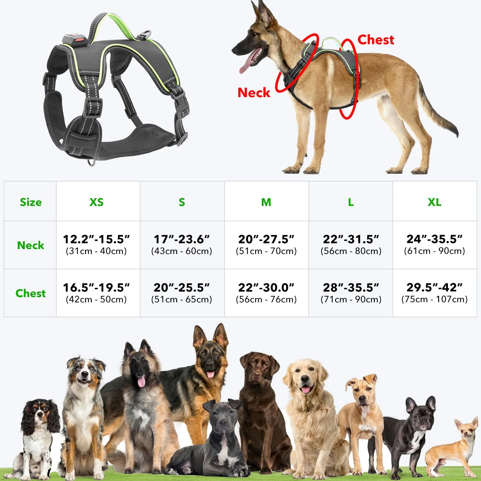 Arnés iluminado para perro, sin tirones, con luz LED, con asa, recargable, para perros pequeños, medianos, grandes y extragrandes, sin tirones, arnés ajustable de 4 puntos
