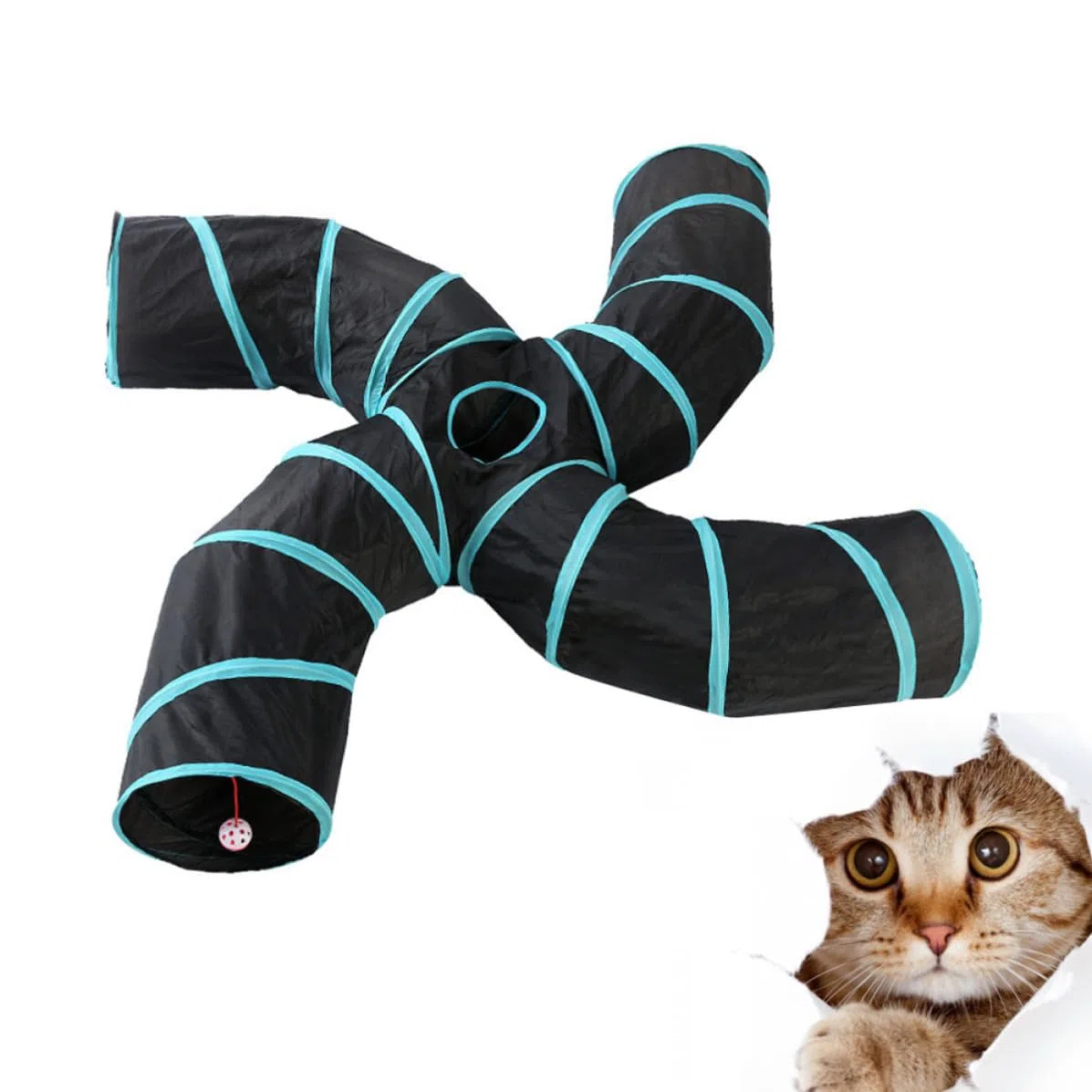 Túnel para Gatos Plegable en S, 4 Vías, de Lona Negra