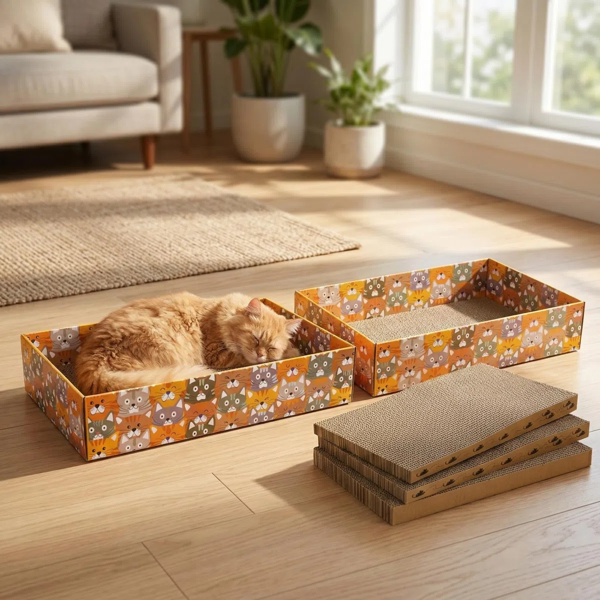 Pumtus Juego de 2 rascadores de cartón para gatos, 6 almohadillas corrugadas para gatos con 2 cajas, bonito sofá cama reversible para gatitos, salón recargable en forma de onda, juguete interactivo