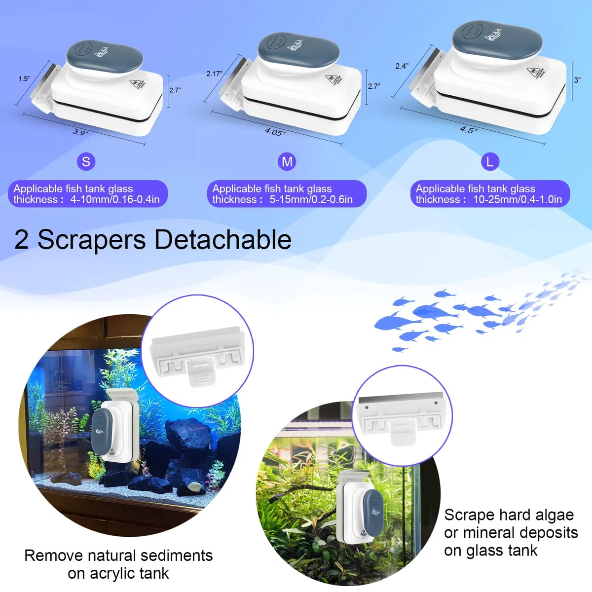 AQQA Cepillo limpiador magnético fuerte para acuario, herramienta de limpieza de imán de algas de vidrio, limpiador flotante con 2 raspadores desmontables (azul, L)
