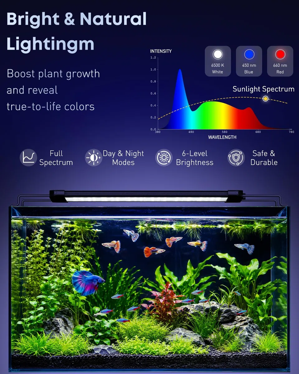 Pawfly Luz de acuario para tanques de 75 a 90 cm, 21 W lámpara para pecera, espectro completo, lámpara LED extensible con temporizador, modos día/noche y brillo ajustable para agua dulce
