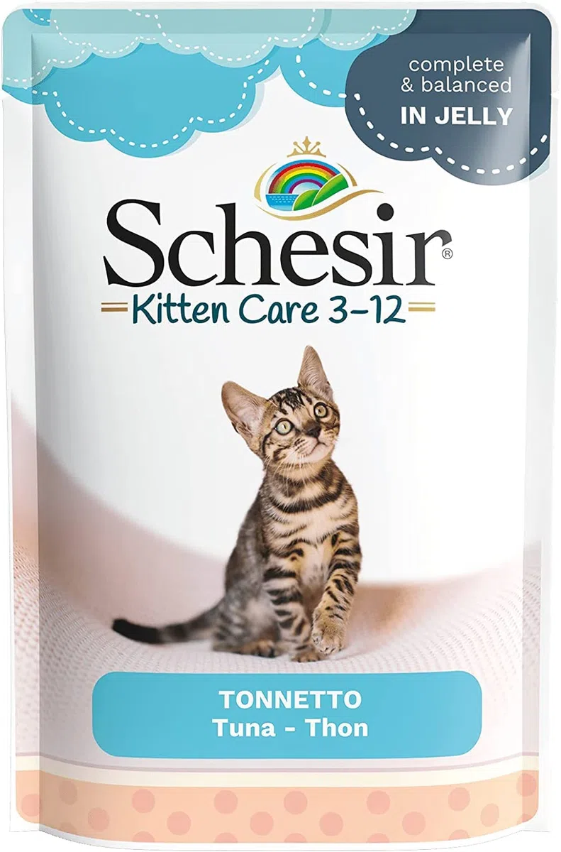 Schesir, Comida Húmeda para Gatitos, Sabor bacoreta en gelatina Blanda - Total 1,7 kg (20 Sobres x 85 gr) & Filete de pollo Cat Jelly Kitten, alimento húmedo para gatitos en gelatina, 20 bolsas x 85 g