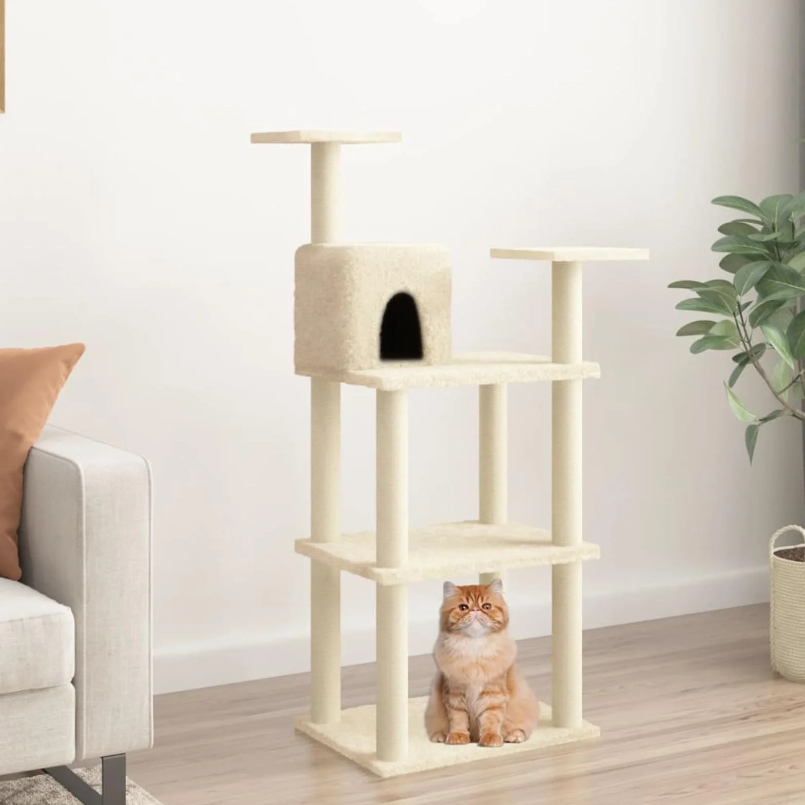 LAPOOH Rascador para Gatos con Postes de sisal, Arbol para Gatos, Gatos Accesorios, Arranhador para Gatos, Arbol Rascador Gatos, Crema 119 cm