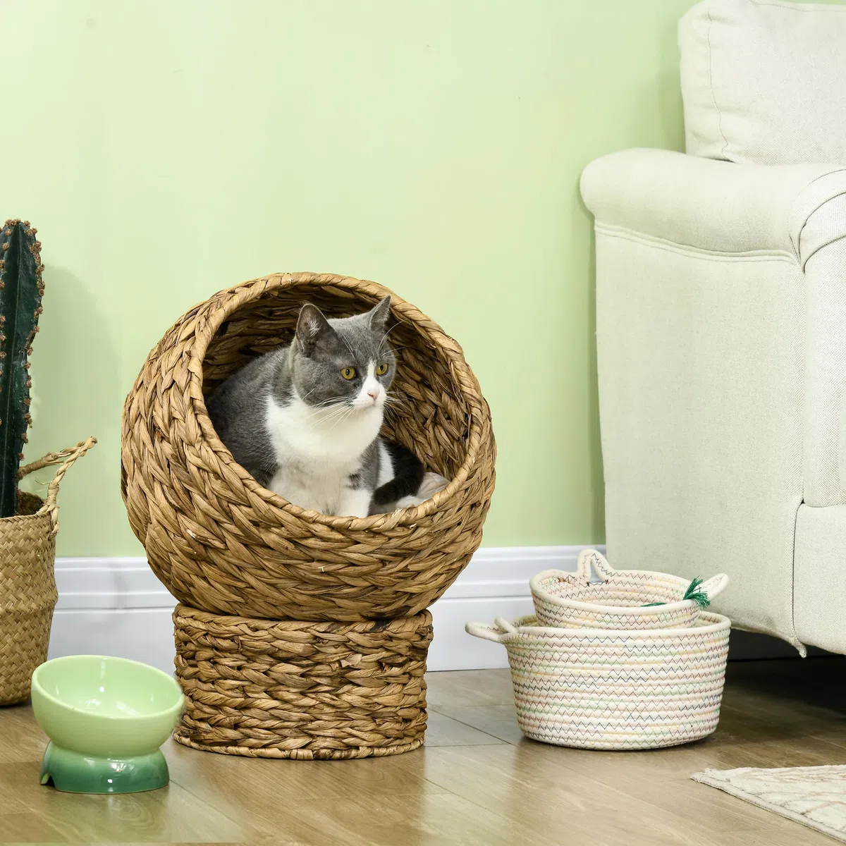 PawHut Cama para Gatos de Mimbre Desmontable 40x37x51 cm Marrón y Beige | Cueva para Gatos, con Cojín Extraíble