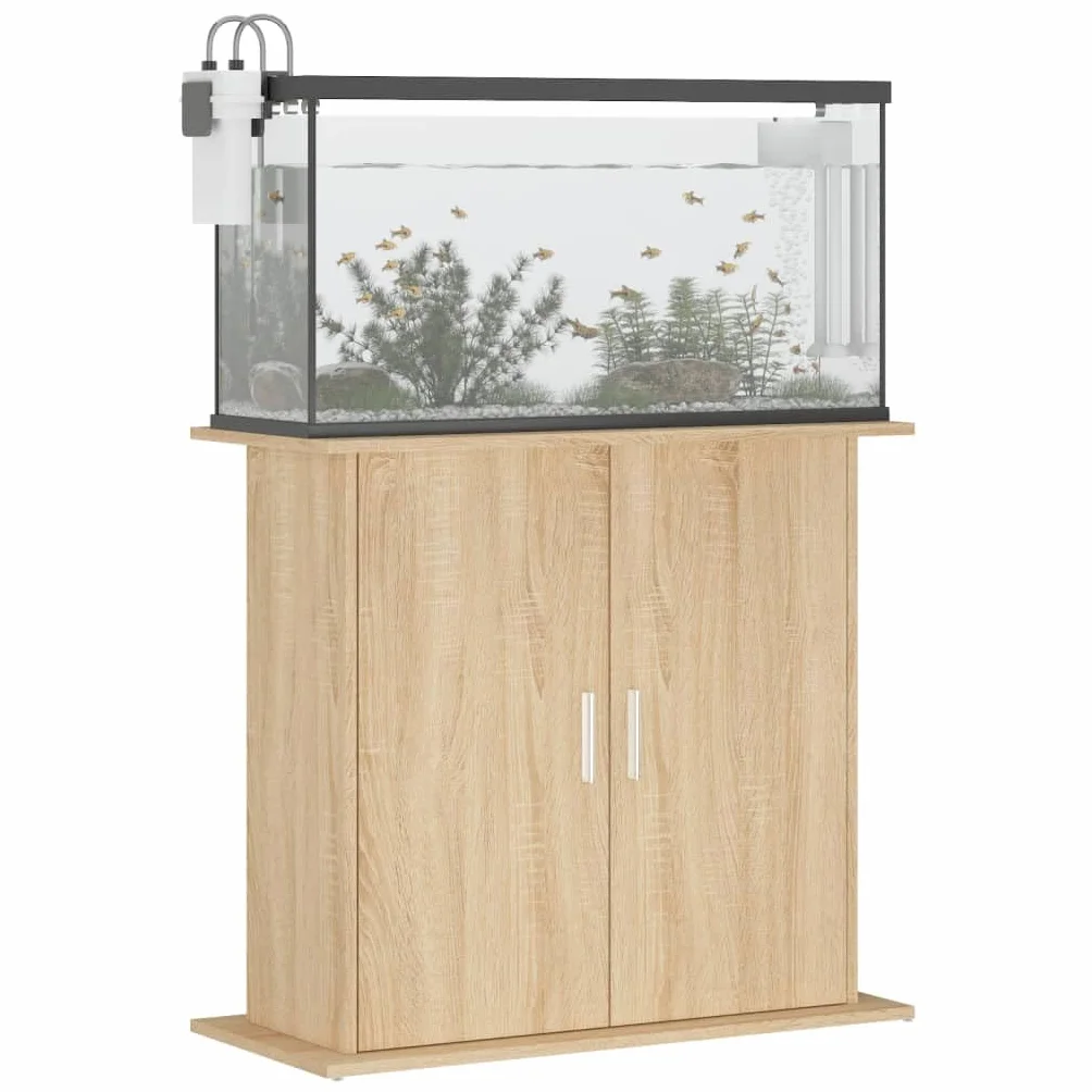 Soporte para acuario, roble Sonoma, material de madera, 81 x 36 x 73 cm, armario inferior estable con puertas y compartimentos, como estructura de muebles para peces, almacenamiento y