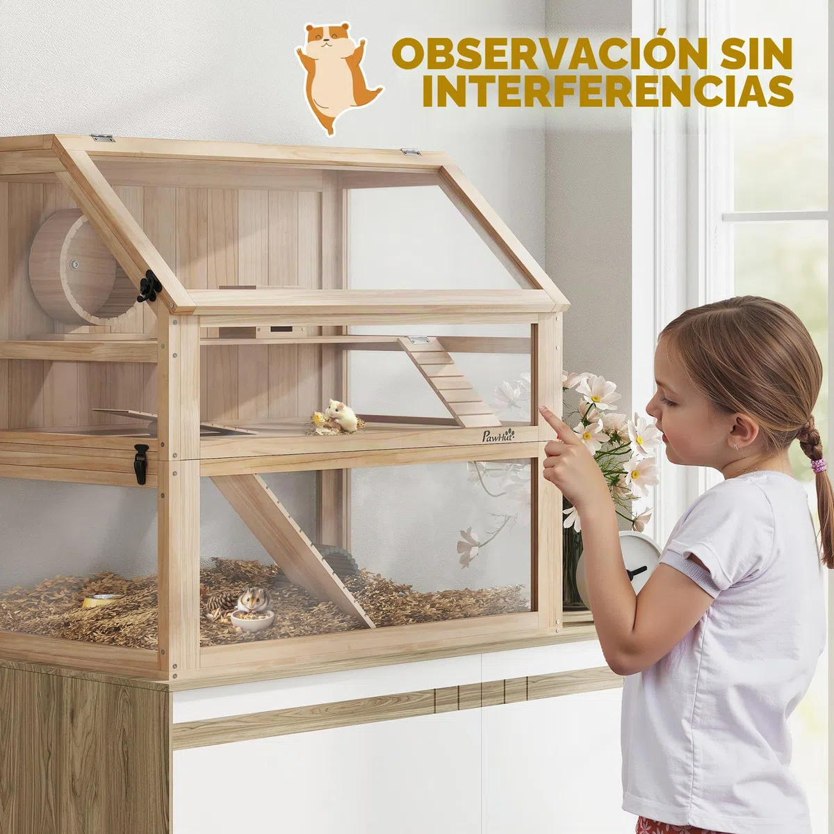 PawHut Jaula de madera para hámster de 3 niveles, jaula para roedores y animales pequeños, con tapa plegable, rueda y accesorios, jaula de madera para hámsters enanos, 80 x 50 x 76 cm, madera natural | Jaula para roedores, para hámsters enanos