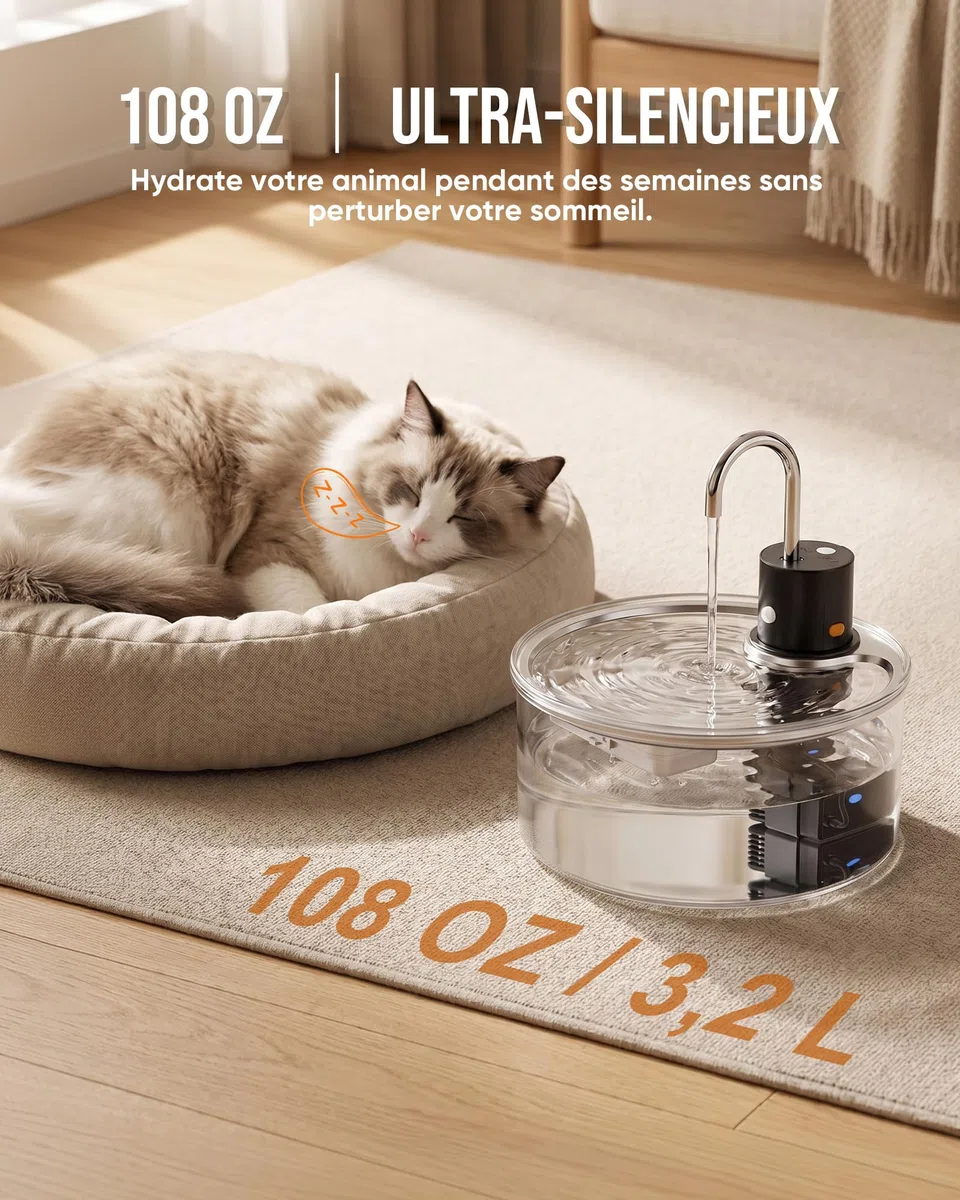 Tomxcute Fuente para Gatos 3,2L de Vidrio con Sensor | Batería de 5000mAh para uso inalámbrico, salida automática de agua y nivel visible de un vistazo