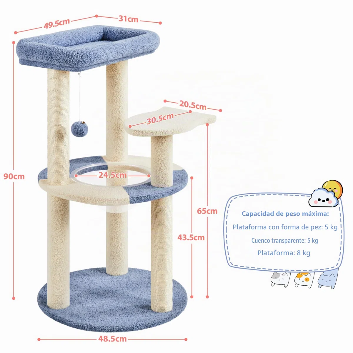 Yaheetech Árbol Rascador para Gatos 90 cm con Soporte Centro Azul y Beige | Cesta Redonda Transparente, Perca superior, Plataforma en forma de paz, Poste sisal resistente,Fácil montaje, Ahorra espacio