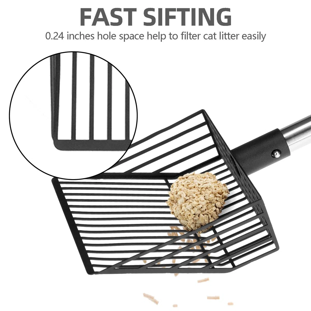 PUPTECK Cuchara de arena para gatos de tamizado rápido, pala de metal de mango largo con pala profunda, tamiz de arena para gatos resistente y antiadherente, accesorios para gallineros