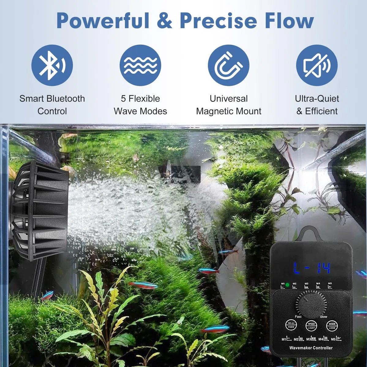 Bomba de Flujo para Acuario, Bomba de Circulación Mini 12W con 5 Modos & 10 Velocidades, Caudal 8000L/H, Magnética para Acuarios hasta 80cm – Bluetooth & Sensor de Luz | Con 5 modos y 10 niveles, bomba de flujo magnética de 12 W para acuarios de hasta 80