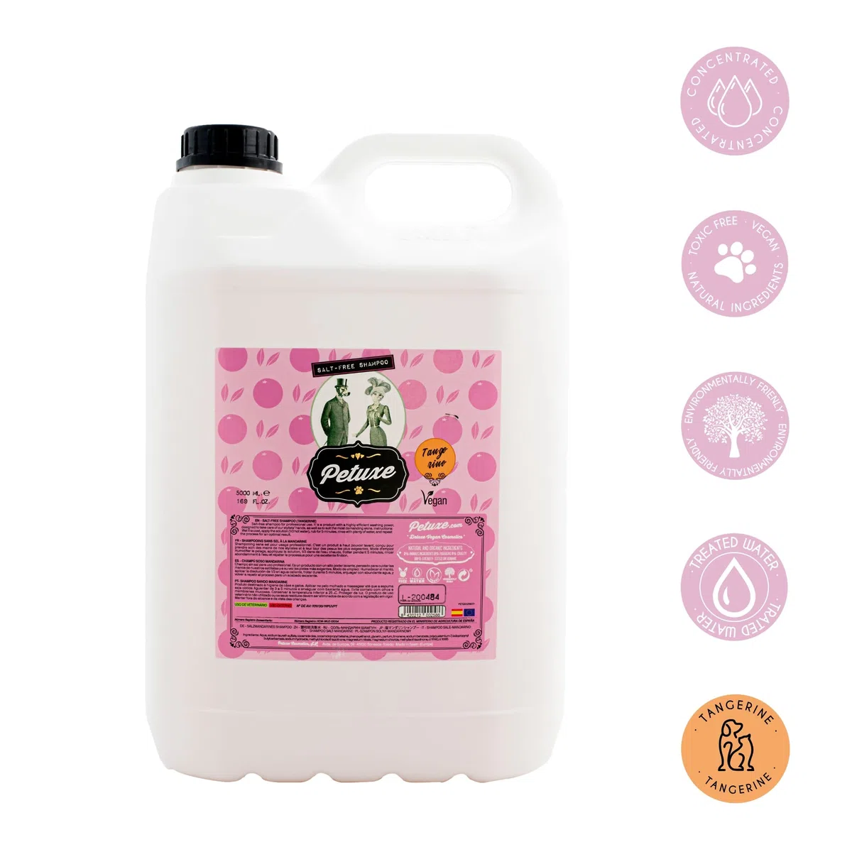 Petuxe Champú Vegano para Mascotas sin Sal Mandarina. para Manos irritadas. Perros y Gatos.Todas Las Razas. Uso Profesional Peluquero canino - 5000 ml