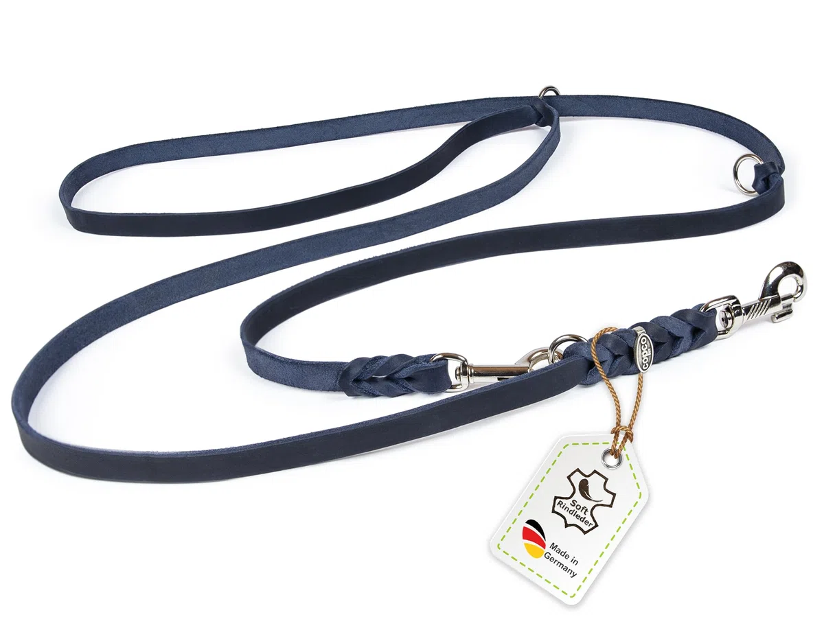 Correa de piel con 3 compartimentos ajustables, correas de perro con mosquetones cromados, cuerda trenzada para perros pequeños de hasta 25 kg (3 m x 18 mm, azul marino)