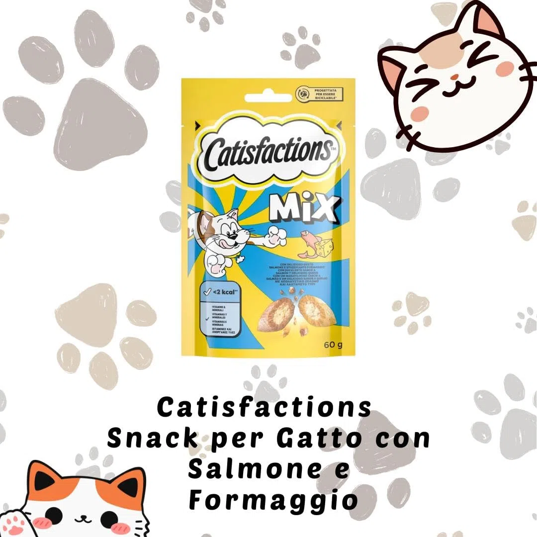 Snack para gatos Catisfactions Mix, aperitivos para gatos adultos y cachorros con sabor salmón y queso | 6 paquetes de 60 gramos cada uno.