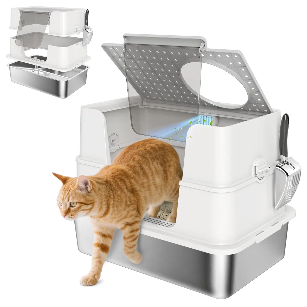 PawHut Arenero para Gatos Acero Inoxidable XL Gatos Grandes Gris Claro | Caja de Arena, Arenero con Tapa Abatible, Laterales Altos, Entrada Superior, Pala, sin Olores, Fácil de Limpiar, Antifugas