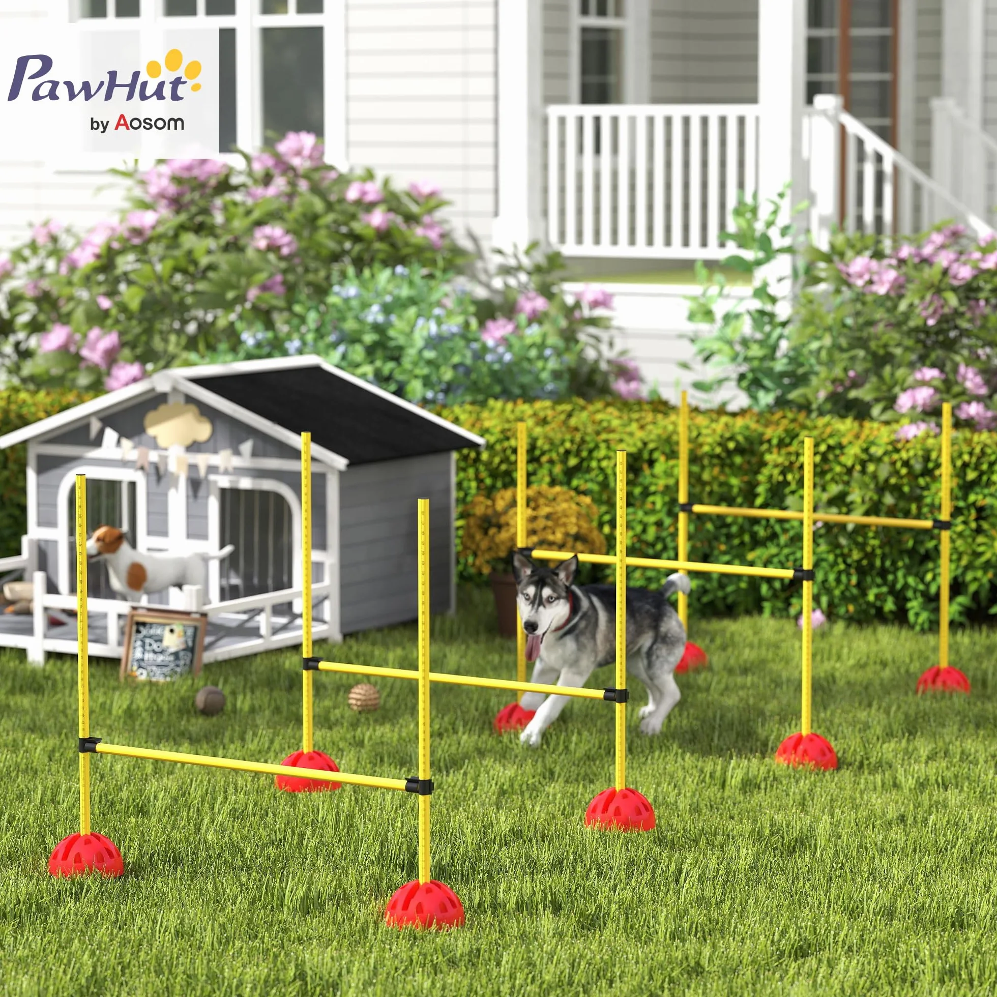 PawHut Agility Set Perros 5 Piezas rellenables Agilidad Equipo para el Entrenamiento del Perro Valla Conjunto con Vallas de Altura Ajustable Bolsa de Transporte Accesorios de Entrenamiento de