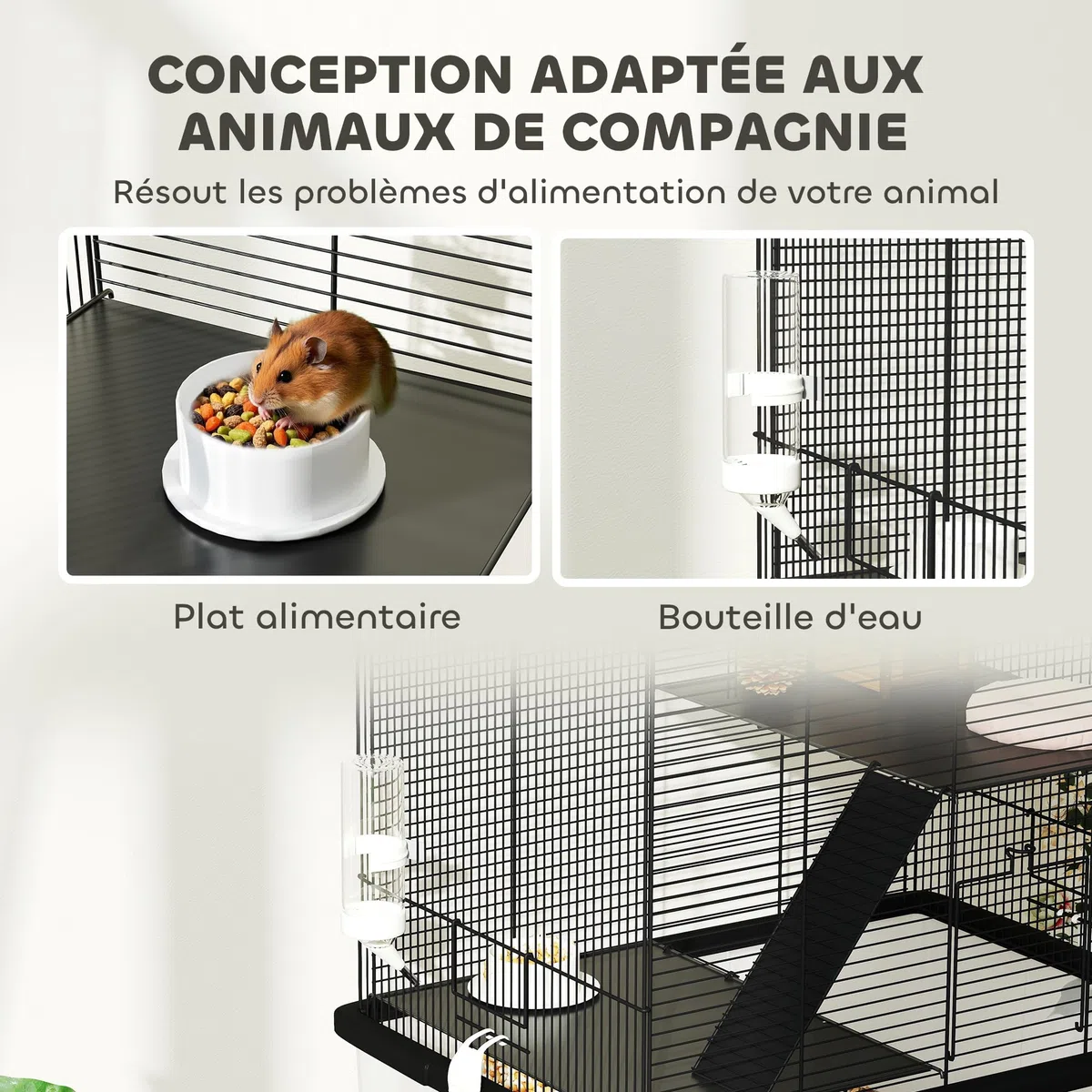 PawHut Cage Hamster, jaula roedor, 3 pisos, con ruedas, 2 plataformas y 2 escalera, C, alambre de acero, 57 x 43 x 74 cm, negro