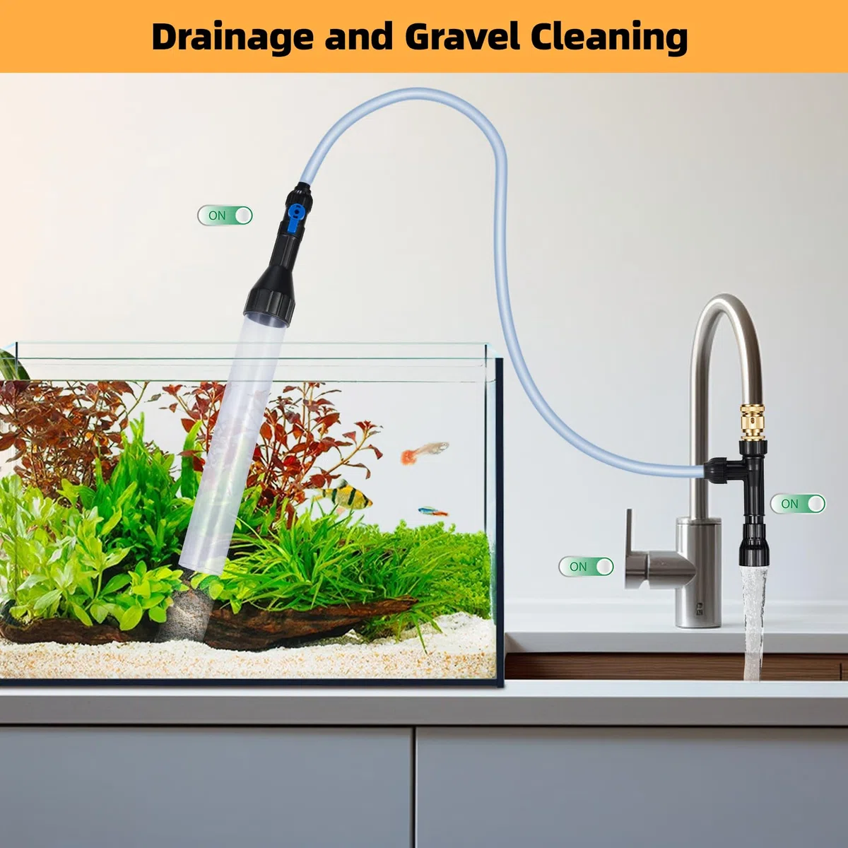 DXOPHIEX Aspiradora de Grava para Acuario, Bomba Universal de sifón con 3 adaptadores de Metal para Limpieza rápida de peceras y Cambio de Agua (30 pies)