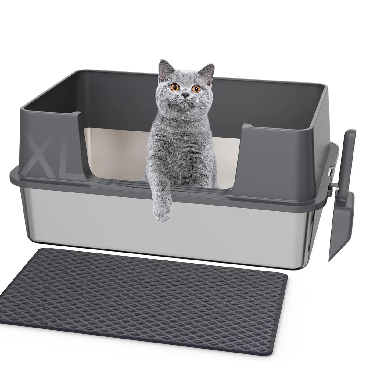Gimars Arenero Acero Inoxidable Gatos XL 58x38x26cm, arenero Gato Acero Inoxidable 35L, Bandeja de Arena fácil de Limpiar y sin olores, Sanitaria a Prueba de Fugas con Pala y Alfombrilla