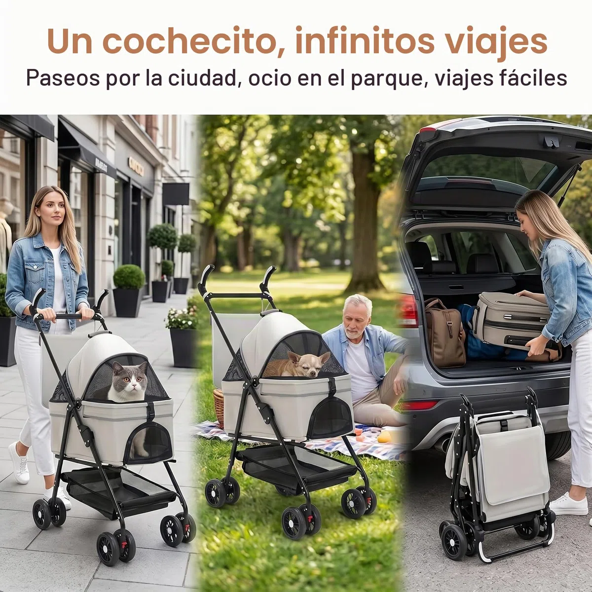 Carrito para Perros y Gatos 3 en 1 Plegable, hasta 20 kg