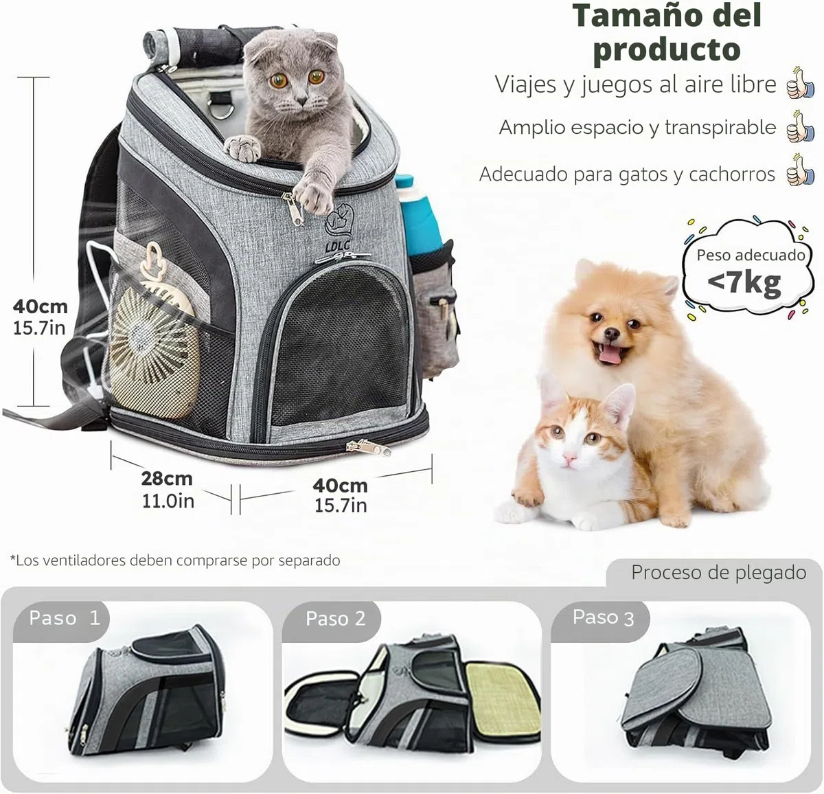PETCUTE Mochila para Perros Pequeños,Transpirable Bolsa Transportar Gatos con Cinturón de Seguridad Interno,Adjustable Mochila Mascotas con Bolsillos,Carga Máxima 16lbs,para Viajar en Tren/avión