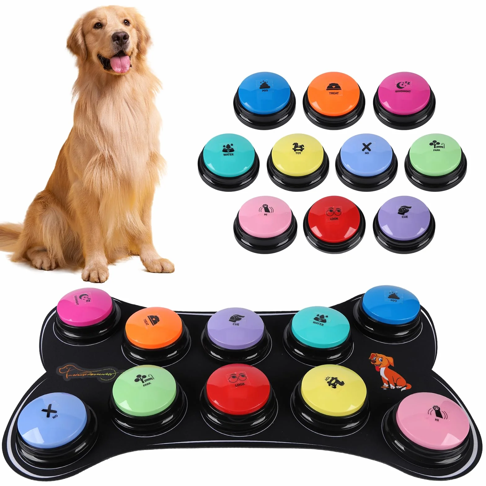 Botones para Comunicación Perro 10 Botones para Hablar Inicio 30S HD Botones de Entrenamiento con Alfombrilla Antideslizante Impermeable + 50 Pegatinas Escenales | Botón de entrenamiento para perros, alfombrilla impermeable + adhesivo de entrenamiento par