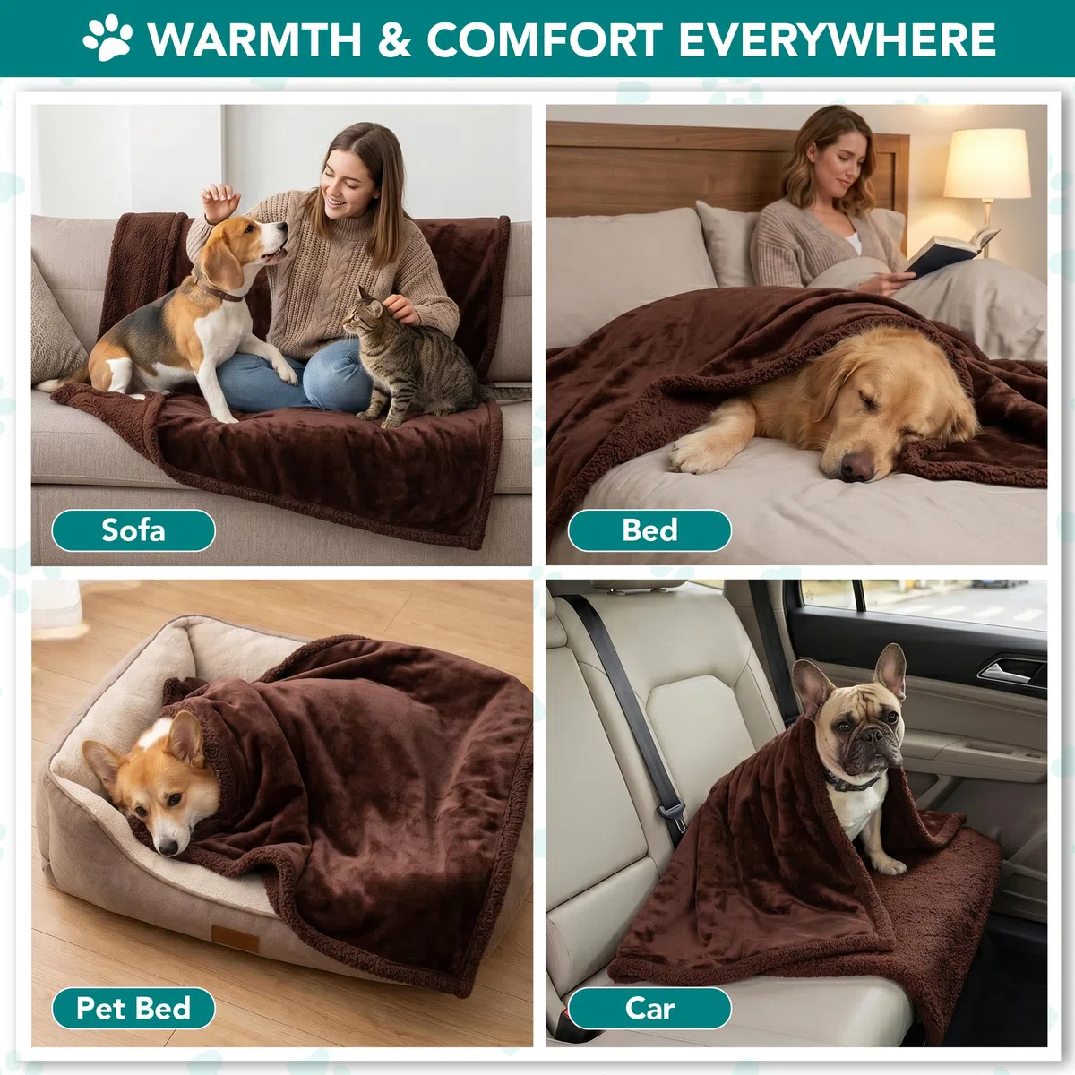 PetAmi Manta para perros pequeños y medianos, manta de cama para mascotas, gato, cachorro, gatito, funda protectora de forro polar para sofá, coche, manta de sherpa suave, reversible, lavable, mini 29