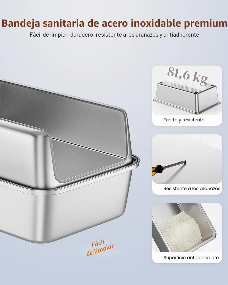 Arenero Gato Acero Inoxidable, Caja de Areneros para Gatos Grandes XXL, Arenero Todo Metálico para Gatos, WC Gatos con Bordes Altos Desmontables, Antiadherente, Sin Olores y Fácil de Limpiar
