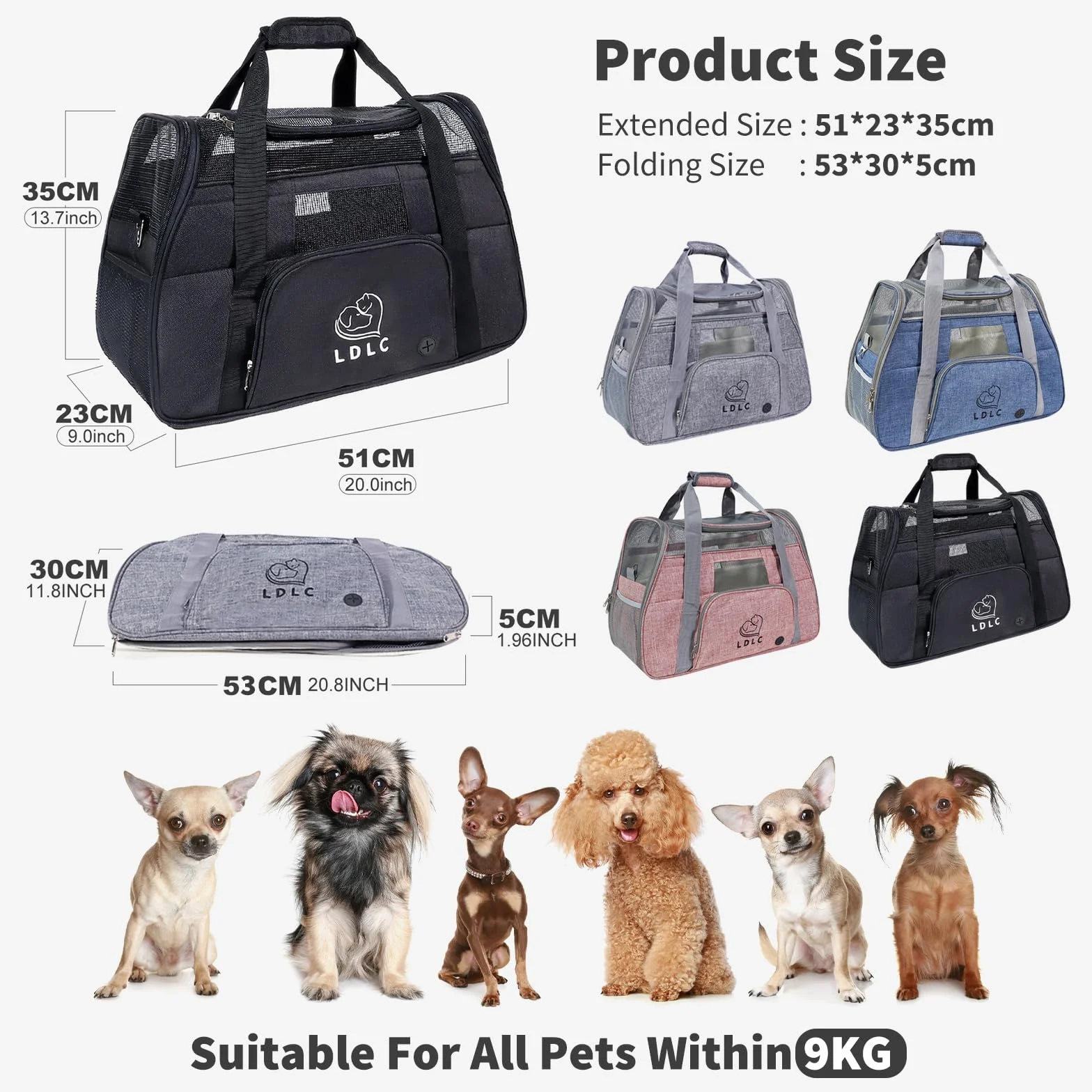 PETCUTE Transportín Perro Gato, Transpirable y Portátil Bolsa de Transporte para Mascotas,Portador de Viaje con Correa de Hombro Ajustable y Cinturón de Seguridad Interno para Tren/Coche/Avión