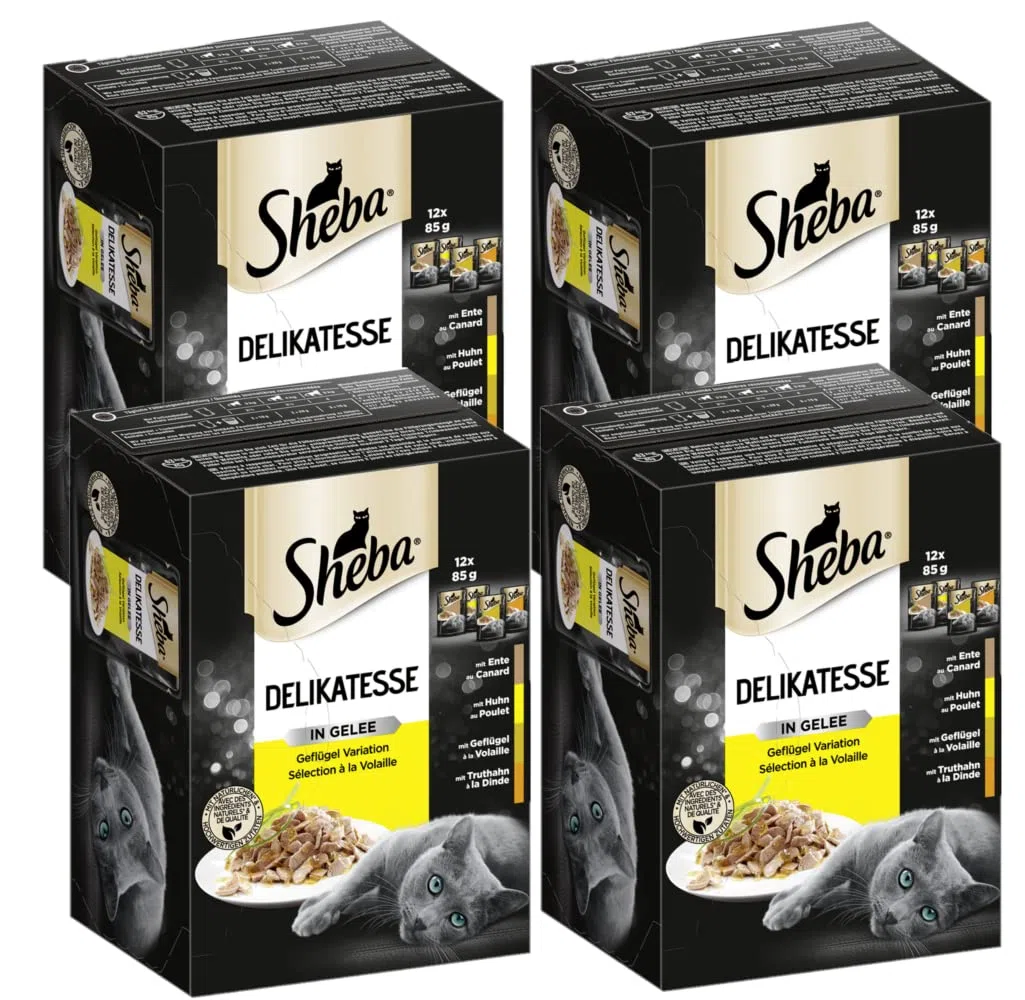 Sheba Comida húmeda para Gatos delicadeza en gelatina, 48 Bolsas de porciones, 12 x 85 g (4 Unidades) – Comida para Gatos húmeda, variación de Aves de Corral con Pato, Pollo, Aves de Corral y Pavo