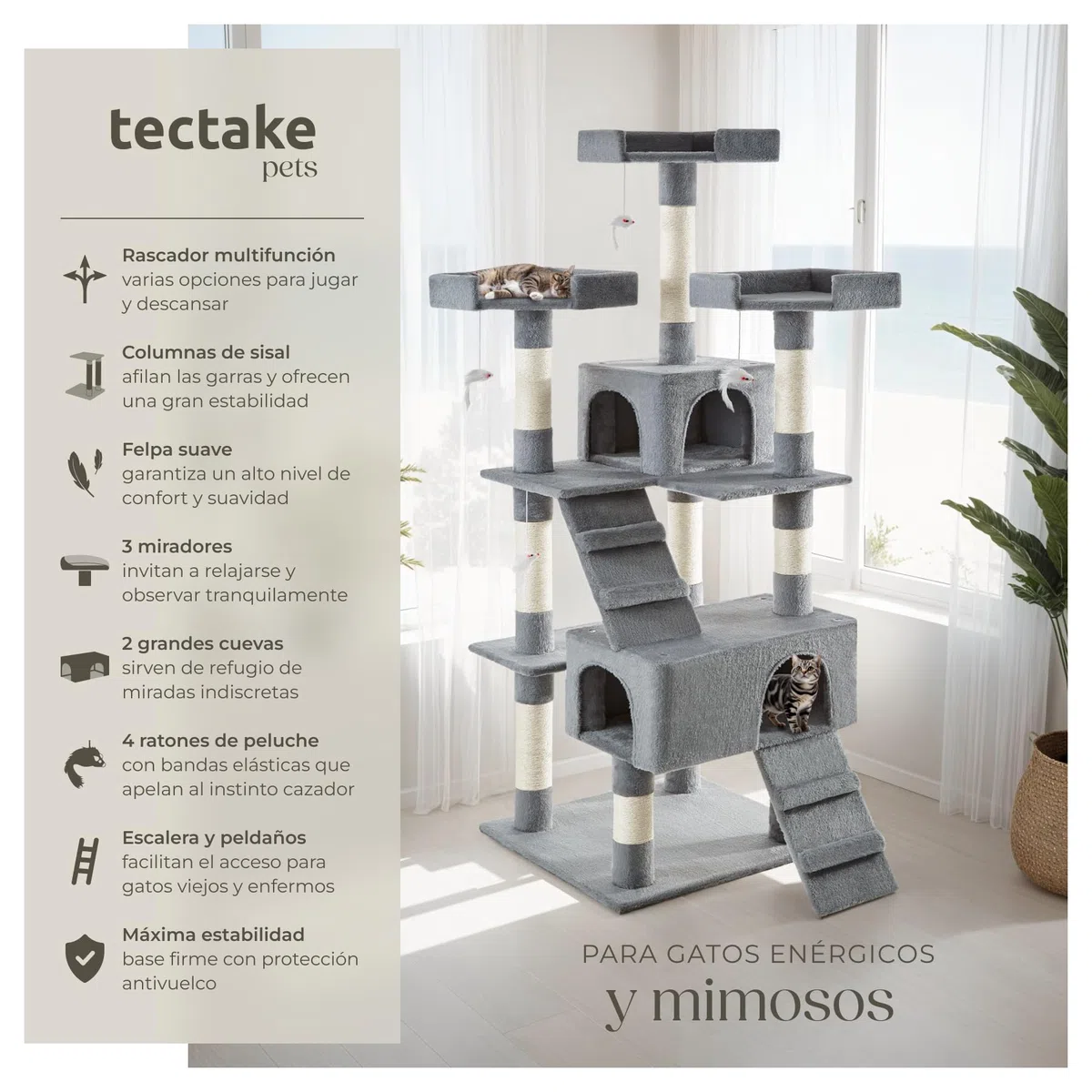 TecTake® Árbol para gatos Rascador para gatos de sisal H170 cm, Juegos para gatos Apartamento Accesorio Rascador Nido Cama Cesta Cama para gatos Juego de ratón Escalera