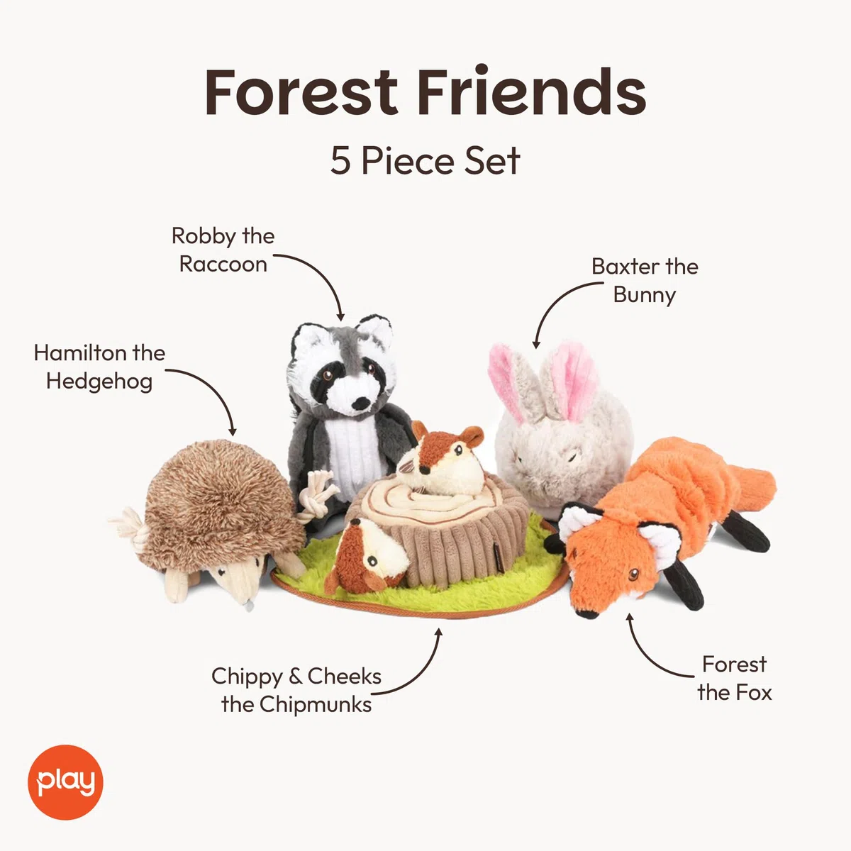 P.L.A.Y. Lindos juguetes de peluche para perros, juguetes masticables duraderos con temática de animales del bosque, ideales para cachorros y perros pequeños, medianos y grandes, lavables a máquina,