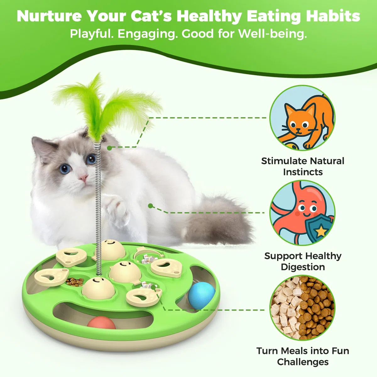 Juguete interactivo para gatos nivel 3 en 1 con bolas de seguimiento de pluma y alimentador | Base antideslizante | Enriquecimiento mental para gatos de interior | Regalo para gatitos, verde