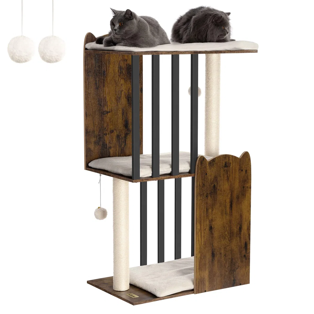 FourFurPets 3 Niveles Moderno Árbol para Gatos, Altura 111 cm, Torre de Gatos, con 2 Postes de Sisal, 3 Gran Plataformas, Pompones, Marrón Rústico