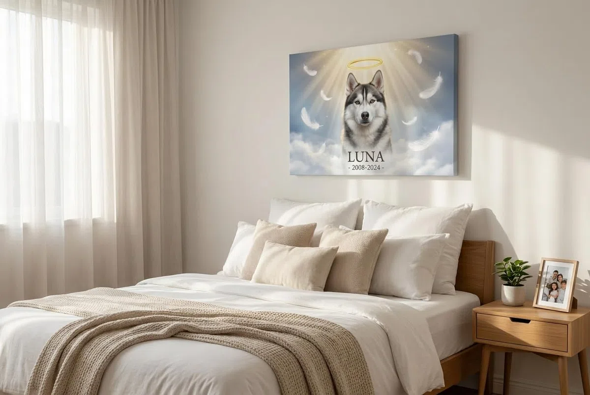 BKCREATIONS Lienzo memorial personalizado mascota Luz Celestial - Perro gato recuerdo - Regalo condolencias marco madera (40 x 30 cm)