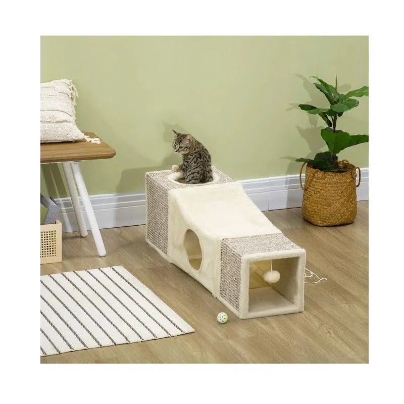 PIUMER Túnel para Gatos PawHut de Interior Plegable Crema 98x30x30 cm
