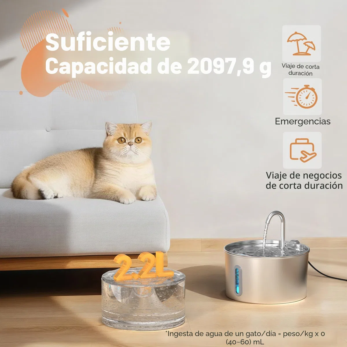 2,2 L Fuente de Agua para Gatos Acero Inoxidable 6 Filtros + 3 Esponjas