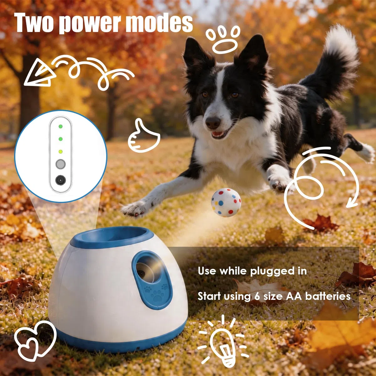 ALLUMK Lanzador automático de Bolas para Perros, 3 distancias Regulables, Doble alimentación, Incluye 6 Bolas de Espuma, Juguete Interactivo para Perros pequeños y medianos Interior y Exterior | Doble alimentación, 6 bolas de espuma incluidas, juguete int