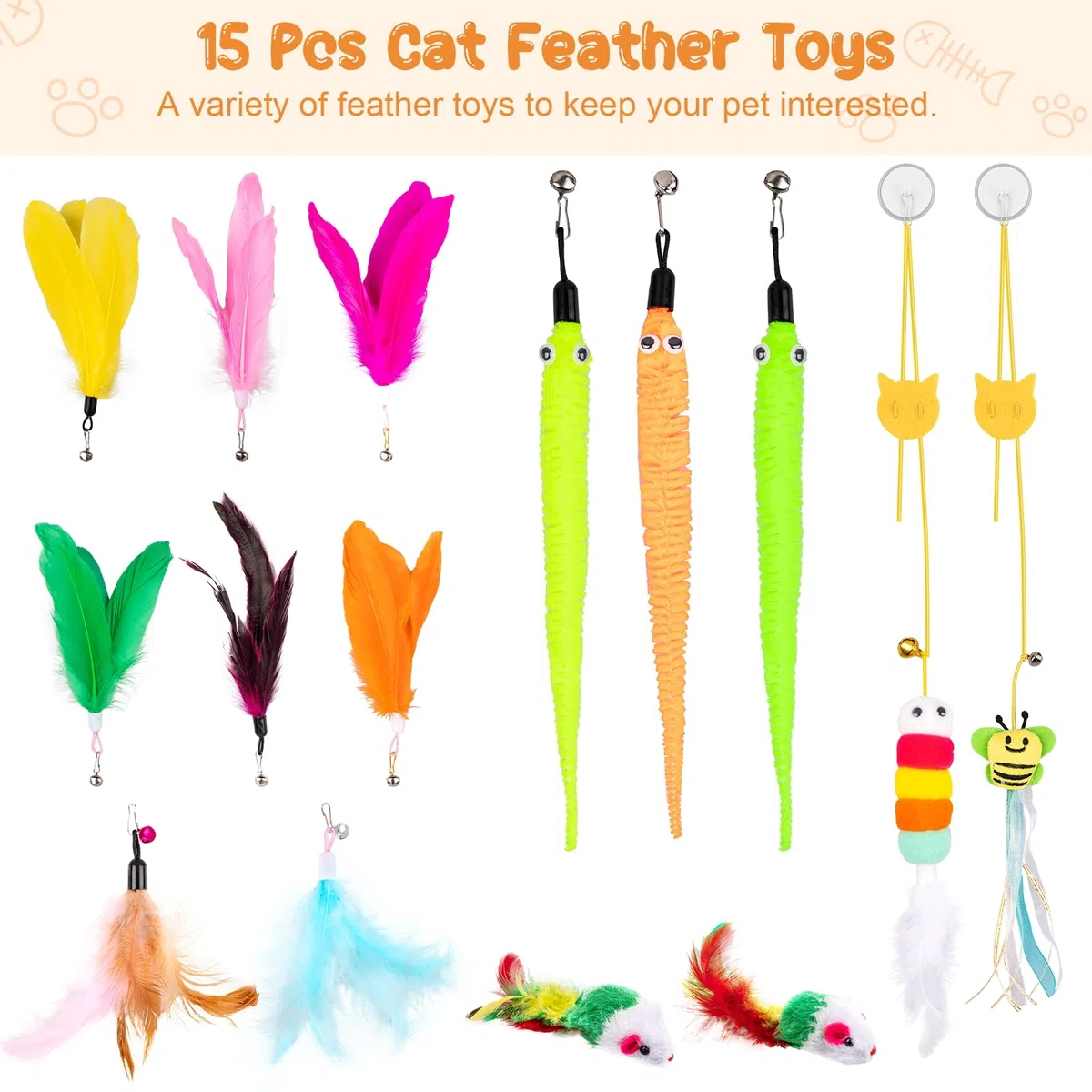 Depets Juguete de varita para gatos, 15 piezas de juguetes interactivos de plumas para gatos, juguete para gatos de interior, 2 modos de juego, varita de juguete para gatos, juguetes reutilizables con