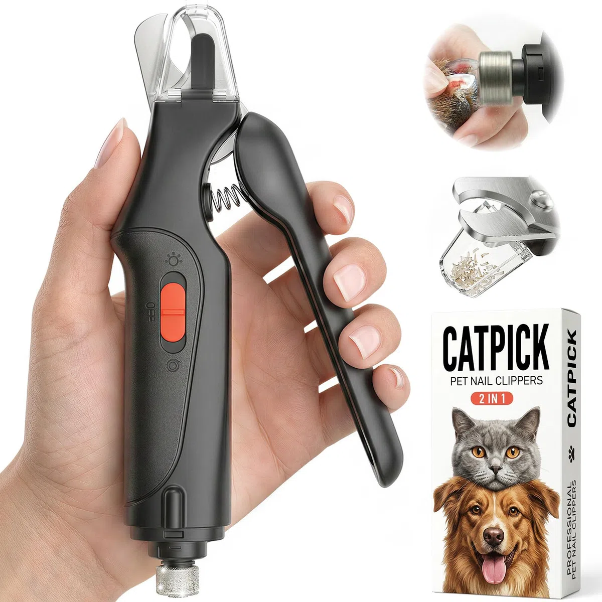 CATPICK Molinillo y cortaúñas 2 en 1 para perros grandes, medianos y pequeños, recargable por USB con 2 luces LED (negro)