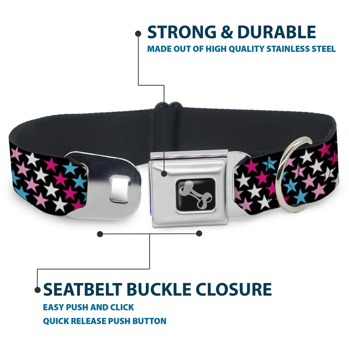 Buckle-Down DC-W31312-WS - Cinturón de Seguridad para Perro, tamaño pequeño, diseño de Estrellas, Color Negro, Rosa, Azul y Blanco