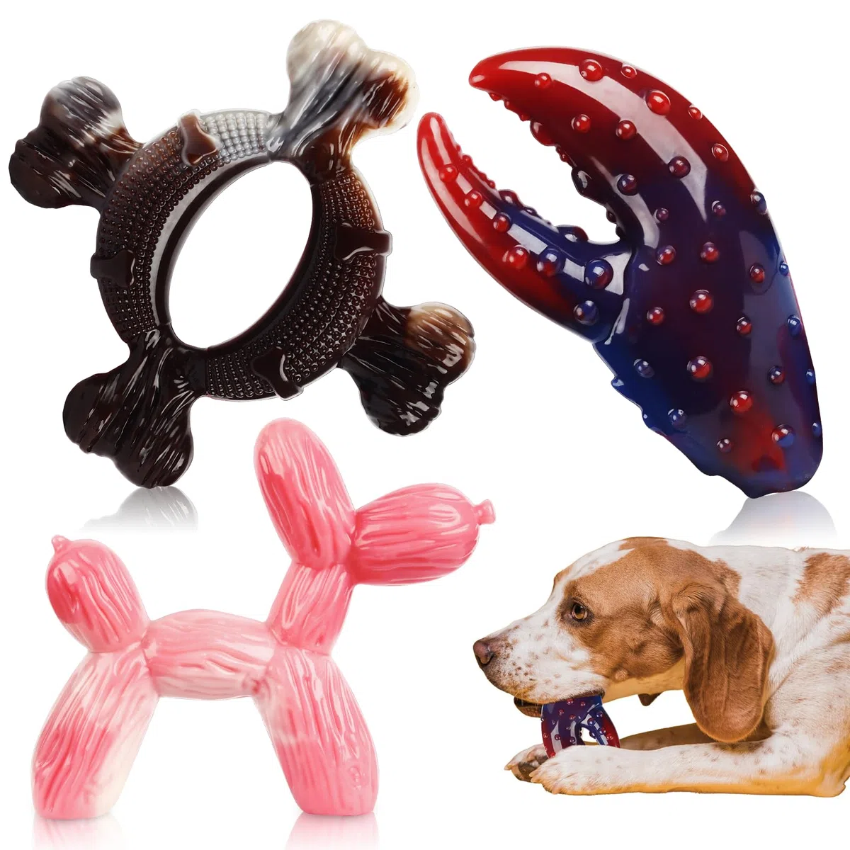 Juguetes para perros, paquete de 3 juguetes indestructibles para masticadores agresivos, nailon resistente y duradero, sabor a leche de tocino real, juguetes masticables para perros de raza