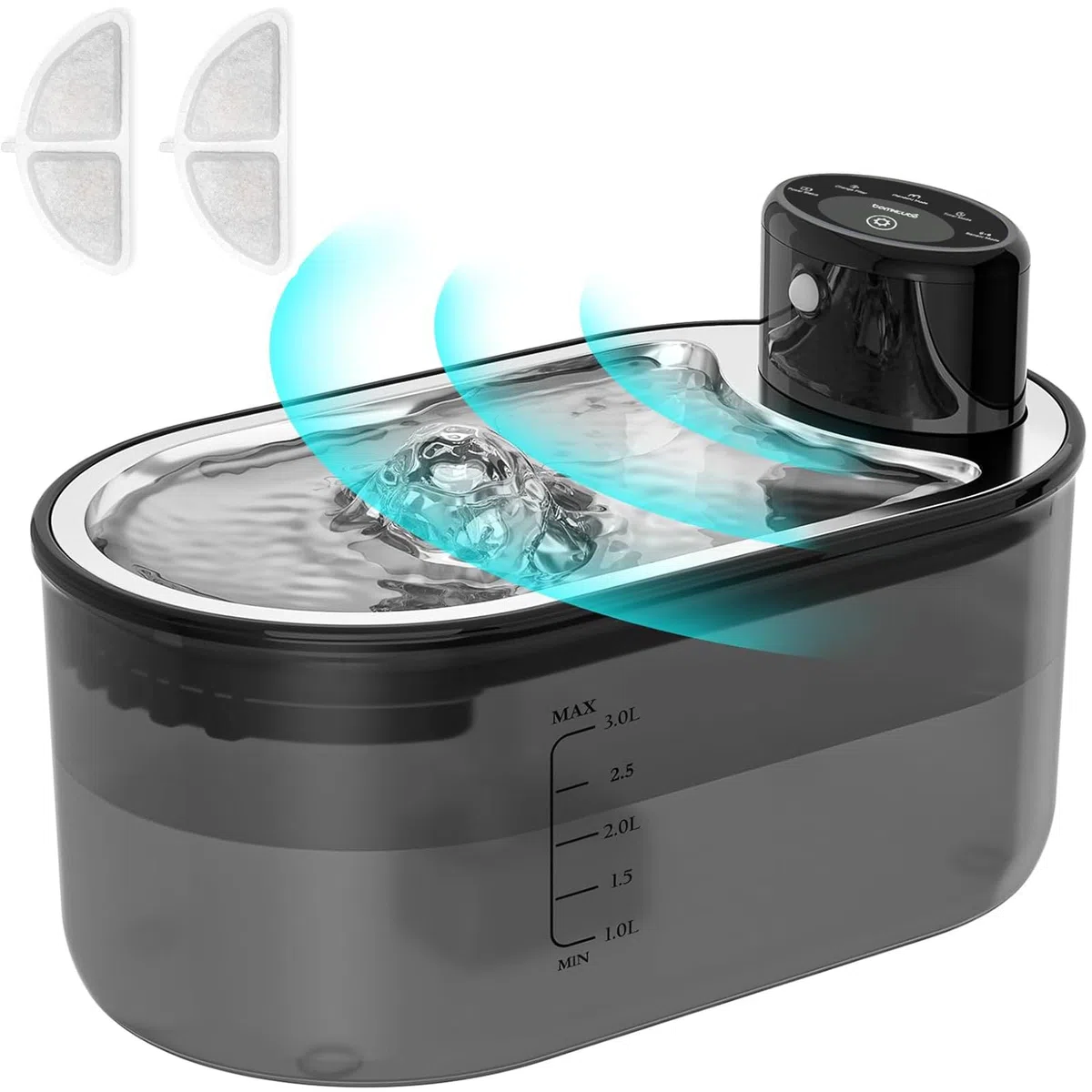 TOMXCUTE Fuente para Gatos 3L con Batería 5000mAh y Sensor | 3 modos: sensor, temporizador y continuo, con cuenco de acero inoxidable y salida automática de agua.