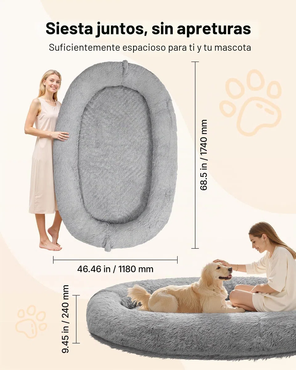 VEVOR Cama Acogedora para Perros, Diseño Ovalado, 174 x 118 x 24 cm, Espuma Viscoelástica, Tamaño Humano, con Bolsillo Lateral, Asa y Cremallera, Funda Extraíble y Lavable a Máquina, Gris Oscuro