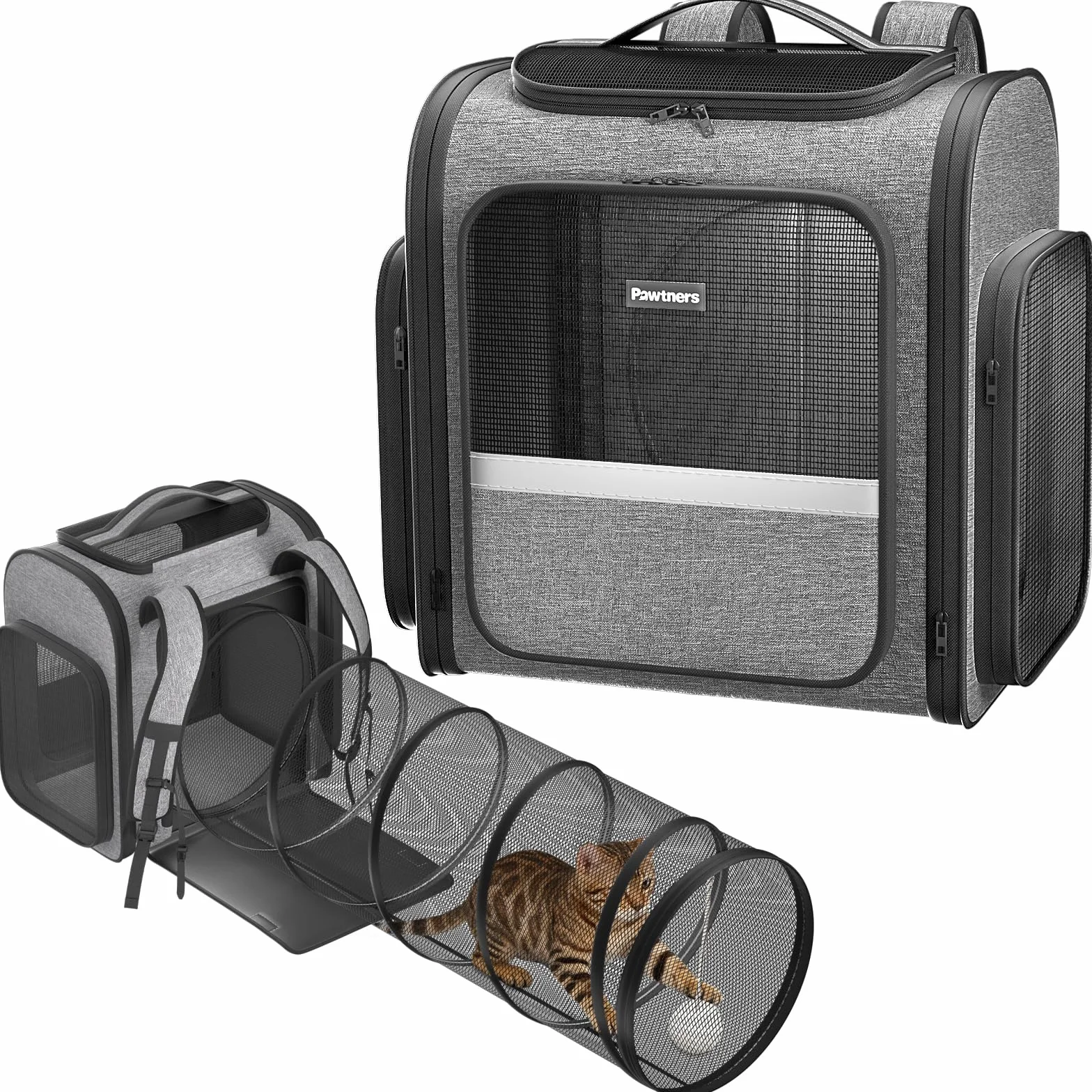 Pawtners Mochilas transportadoras para Gatos con túnel de Juego expandible para Gatos, Mochila para Mascotas aprobada por aerolíneas para Perros pequeños y Gatos Grandes de hasta 25 Libras,