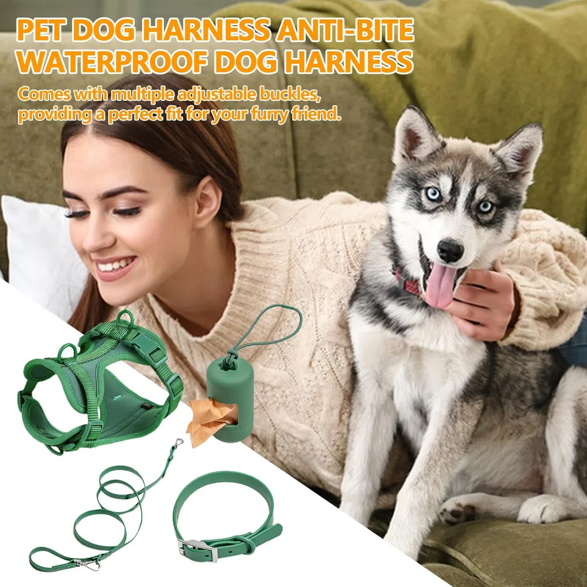 Juego de correas para perros | Collar ajustable para perros – Juego de | correa "Step in No Pull" arnés para mascotas para perros y cachorros con soporte para bolsas de caca